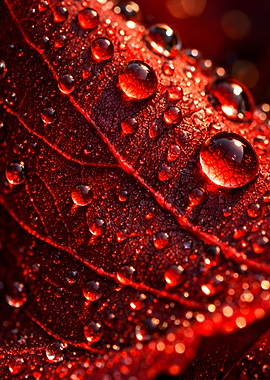 Macro shot of red leaf with water droplets