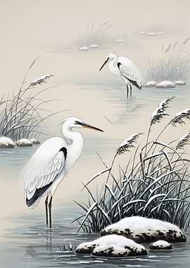 Two Egrets in a Snowy Landscape