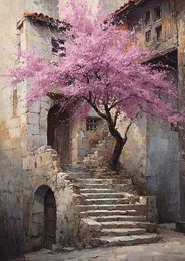 Blooming Tree on Stone Steps