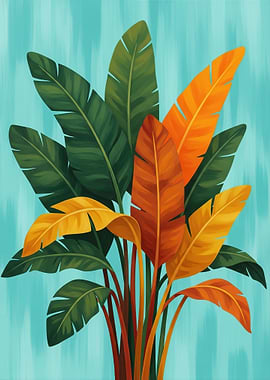 Tropical Leaves on Teal Background