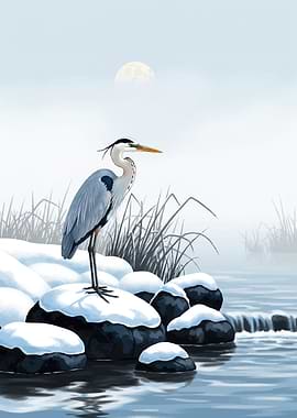 Heron in Snowy Landscape