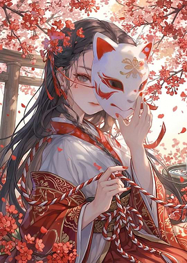 Woman in Kimono with Fox Mask