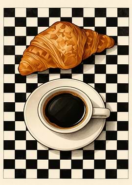 Croissant and Coffee on Checkerboard
