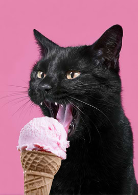 Black cat eating ice cream