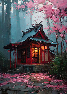 Japanese Shrine in Cherry Blossom Forest