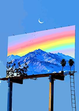 Billboard with Rainbow Mountains and Moon