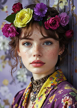 Woman with Flower Crown and Ornate Necklace