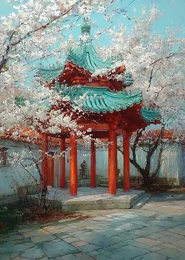 Pagoda Surrounded by Cherry Blossoms