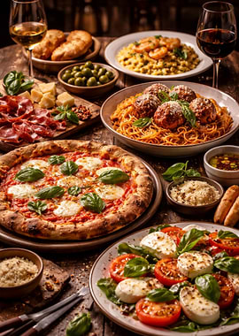 Italian Feast with Pizza and Pasta