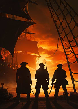 Pirates on a ship at sunset