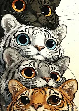 Stack of Cute Cats with Big Eyes