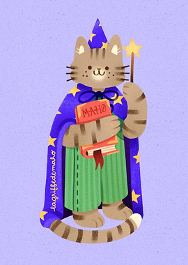 Wizard Cat with Magic Wand and Book