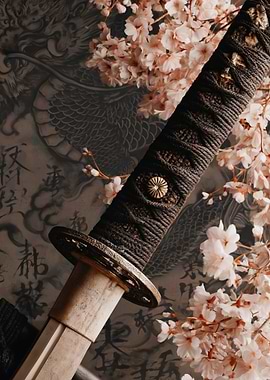Katana with Cherry Blossoms and Dragon Tattoo