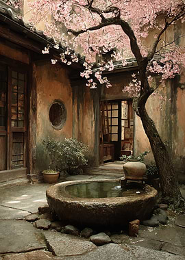 Tranquil Japanese Courtyard with Cherry Blossoms