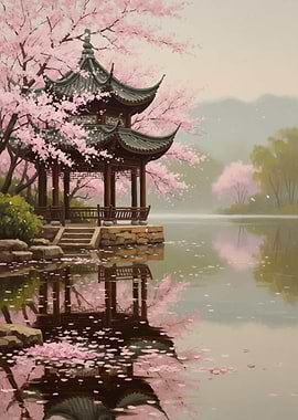 Pagoda by Cherry Blossoms Reflecting in Water