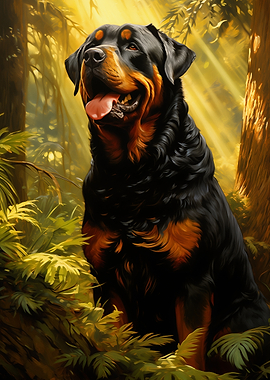 Rottweiler in a sunlit forest