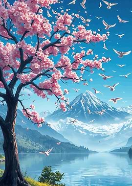 Cherry Blossoms Over Snowy Mountains