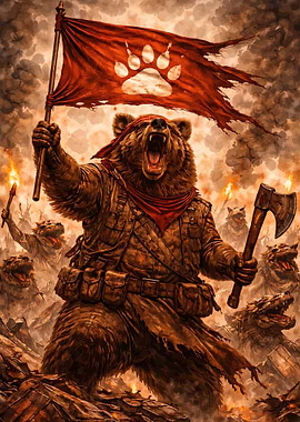 Bear Warrior with Flag and Axe