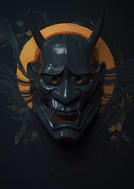 Oni Mask with Golden Sun and Flowers