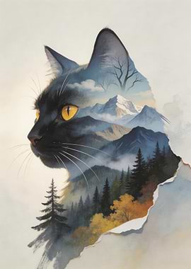 Black Cat with Mountain Landscape and Forest Nature