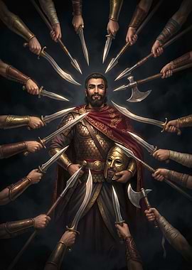 Warrior Surrounded by Weapons