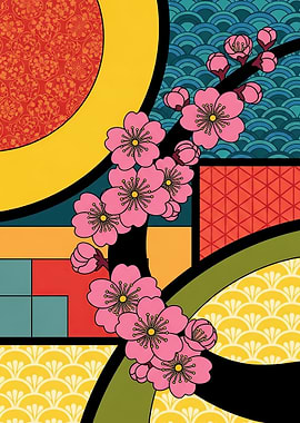 Cherry Blossoms on Geometric Background