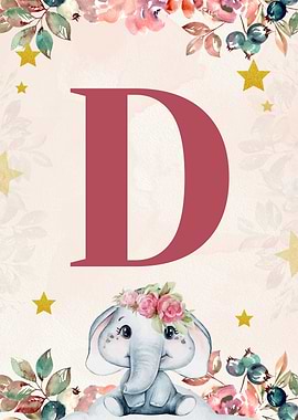 Cute Elephant with Letter D and Flowers