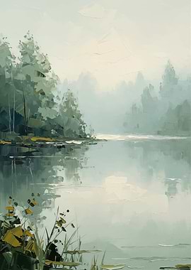 Misty Lake Landscape Painting