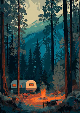 Forest Camping Scene with Trailer and Campfire