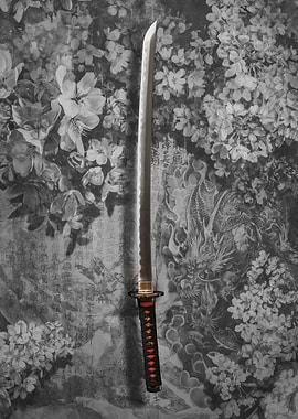 Katana with Dragon and Floral Background