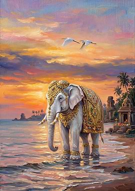 Ornate Elephant by the Sea at Sunset