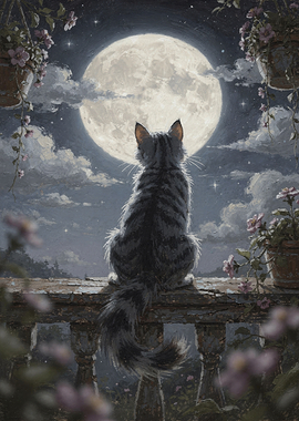 Cat Gazing at the Full Moon