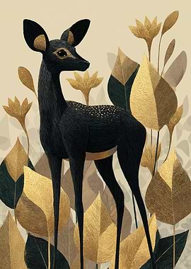 Black Deer with Gold Accents in Floral Setting