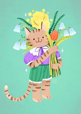 Cute Cat Holding a Bouquet