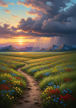 Path through a wildflower meadow at sunset