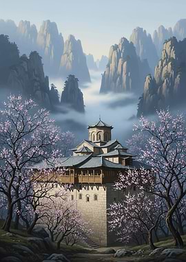 Misty Mountain Monastery with Cherry Blossoms