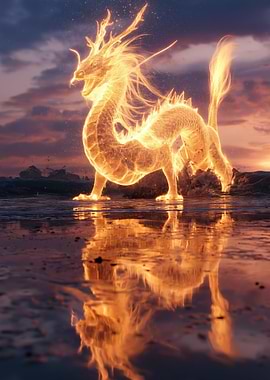 Fiery Dragon in Ocean Sunset