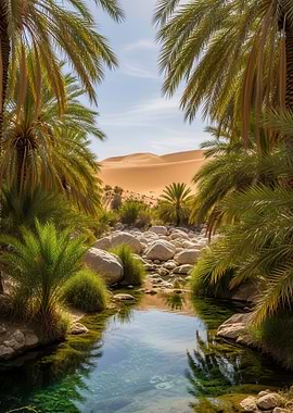Desert Oasis with Palm Trees and Dunes