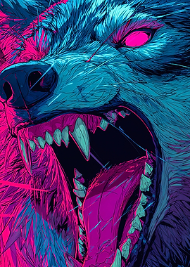 Neon Synthwave Roaring Wolf Portrait