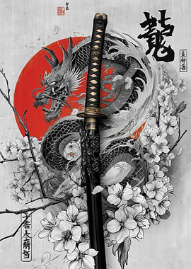Dragon and Katana with Cherry Blossoms
