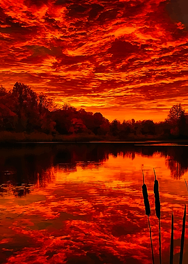 Fiery Sunset Over a Calm Lake