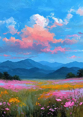 Vibrant wildflower field under a colorful sky
