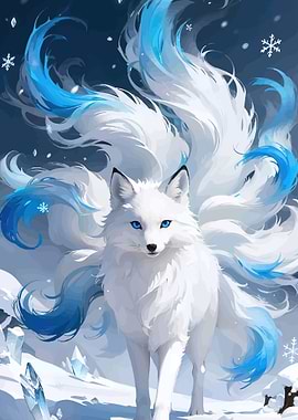 White Fox with Blue Tails in Snow