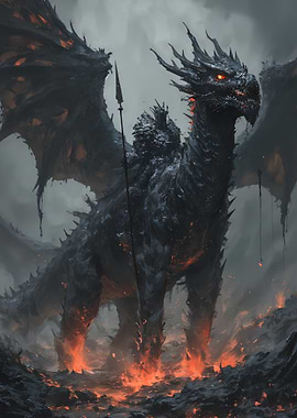 Dark Dragon Emerging from Fire