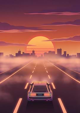 Retro Car Driving into Sunset City