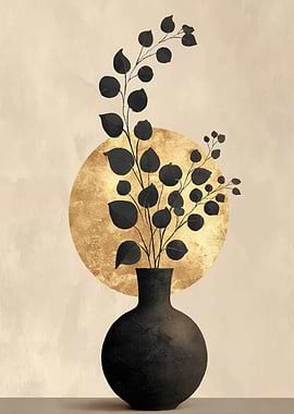 Black vase with eucalyptus branches and gold circle