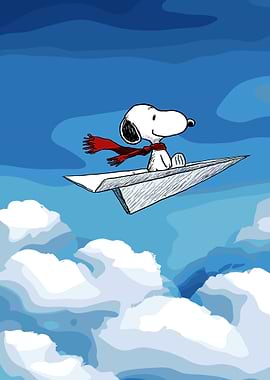 Snoopy flying on a paper airplane
