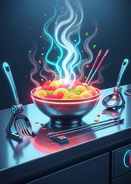 Futuristic Noodle Bowl with Neon Steam