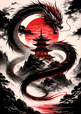 Dragon and Pagoda with Red Sun