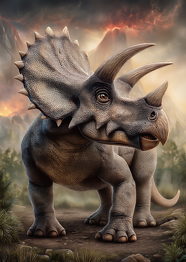 Triceratops Dinosaur in Volcanic Landscape